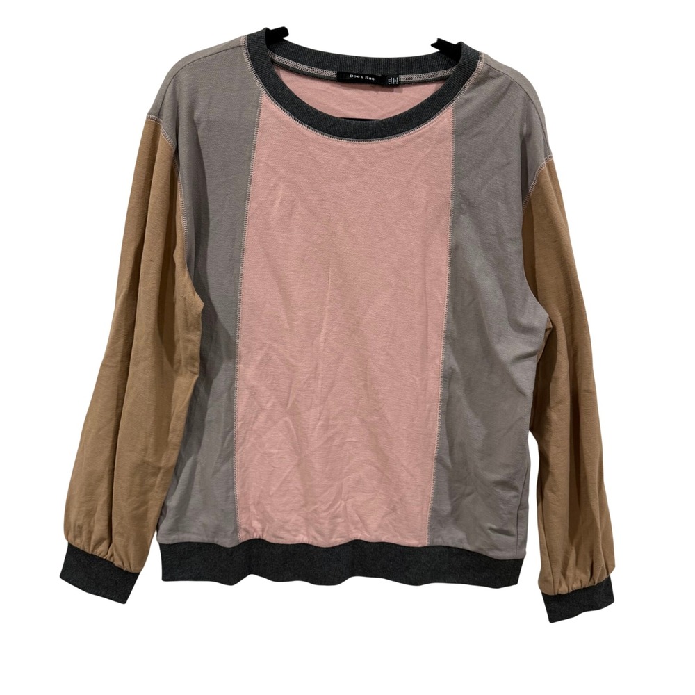 Doe & Rae Womens 1XL Colorblock Long Sleeve Crew Neck Paneled Top Pink Grey Tan